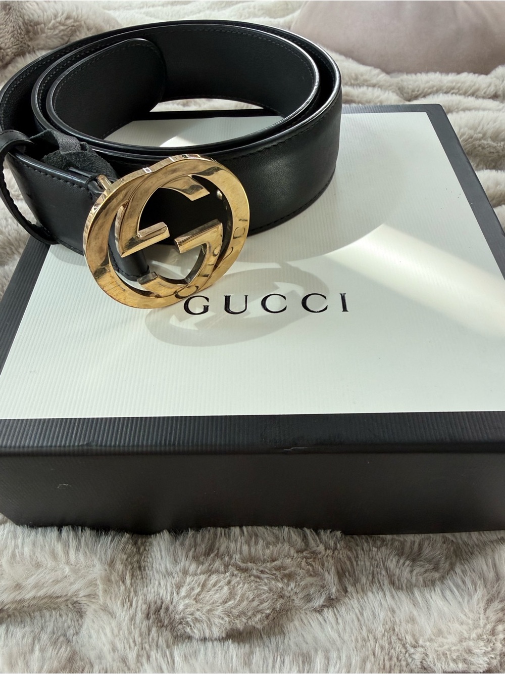 Authentic Gucci Black Leather Interlocking GG Belt | Size 80/32 w/Box